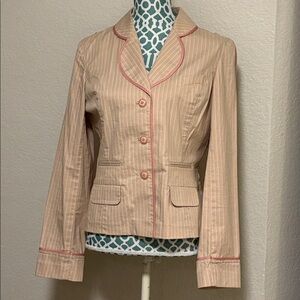 Chic Tan Striped Blazer with Pink Trim